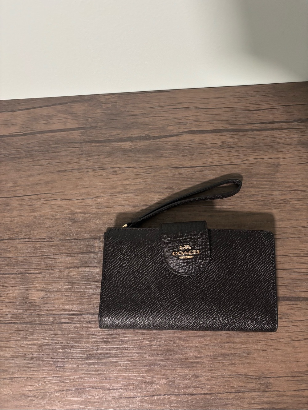 Coach Black Leather Wristlet Card Holder with Gold Logo